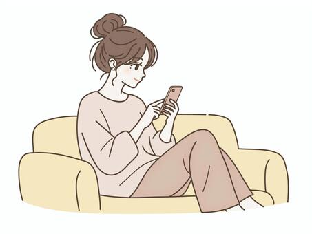 ソファでくつろぎながらスマホを見る女性 女性,スマートフォン,ソファ,人物,携帯電話,操作,くつろぐ,リラックス,休憩,休日のイラスト素材