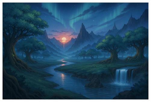 幻想の森とオーロラの風景
