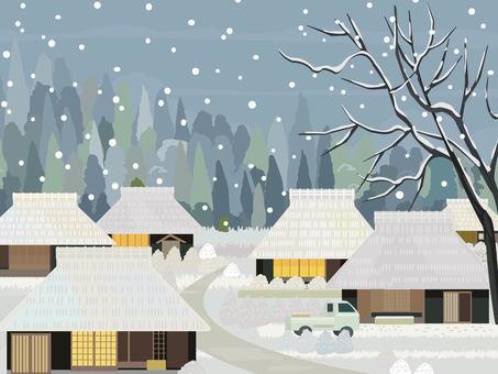 雪景色　藁葺き屋根 雪景色,冬,藁葺き屋根,田舎,木,雪,農村,1月,2月,イラストのイラスト素材
