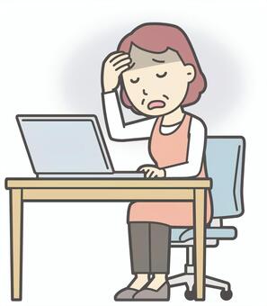  ノートパソコンの前で落ち込むおばさん パソコン,女性,人,主婦,中年,シニア,エプロン,ママ,お母さん,おかんのイラスト素材