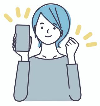 スマホを持ちガッツポーズする女性1 女性,笑顔,ガッツポーズ,シンプル,スマホ,モバイル,ベクター,おしゃれ,ショートカット,チャーミングのイラスト素材