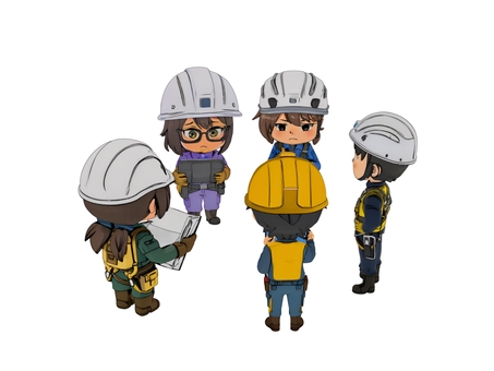 建設土木工事現場で安全確認打合せの作業員 作業員,現場代理人,建設業,土木,建築,工事,建設,安全,現場のイラスト素材