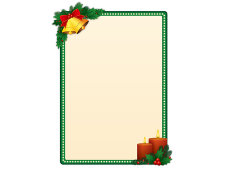 ベルとリボンのクリスマス縦フレーム_緑 クリスマス,フレーム,枠,ベル,鐘,リボン,もみの木,柊,蝋燭,キャンドルのイラスト素材