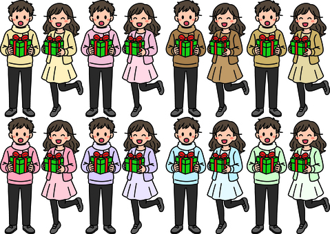 プレゼントを持つ男子女子です。 プレゼント,シンプル,貰う,渡す,ギフト,贈り物,シーン,祝う,イベント,パーティーのイラスト素材