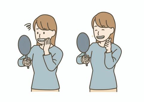 歯並びを気にする女性と笑顔の女性 歯並び,矯正,歯科,歯医者,歯,女性,ビフォーアフター,歯科矯正,笑顔,医療のイラスト素材