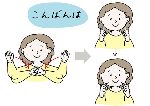 手話「こんばんは」 人物,手話,手話通訳,ジェスチャー,対話,会話,楽しい,福祉,挨拶,動作のイラスト素材
