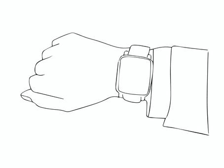 モノクロのスマートウォッチをつけた手元 スマートウォッチ,手元,時計,腕時計,右手,手描き,白黒のイラスト素材