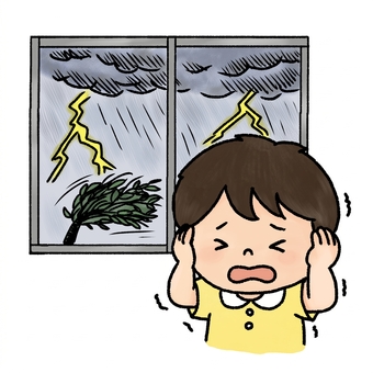 雷を怖がる男の子 子供,男の子,少年,幼児,児童,小学生,窓,窓枠,雷,稲妻のイラスト素材