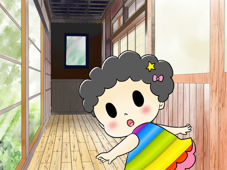 和の廊下を歩く女の子（透過分は背景なし） 女の子,廊下,和室,木造,家のイラスト素材