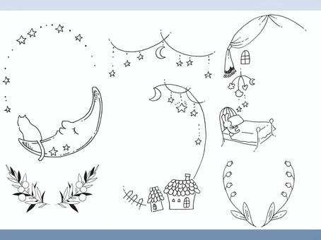 Moonlit fairy tale frame of hand-drawn line art, JPG and PNG Moonlit fairy tale frame of hand-drawn line art, frame, month, flower, JPG and PNG