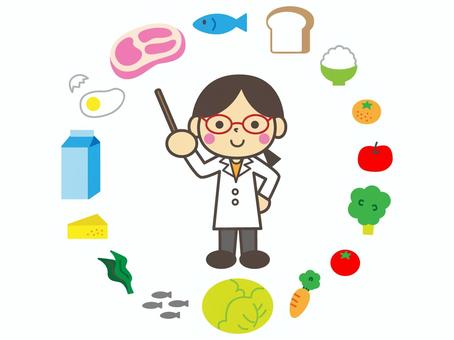 食品と白衣の女性 食品,栄養,食べ物,白衣,栄養士,先生,女性,メガネ,説明,解説のイラスト素材