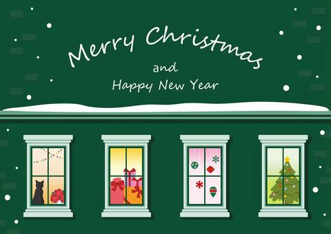 クリスマスカード、おしゃれな冬の窓02 クリスマス,クリスマスツリー,クリスマスプレゼント,クリスマスオーナメント,猫,オーナメント,プレゼント,背景,家,ドアのイラスト素材