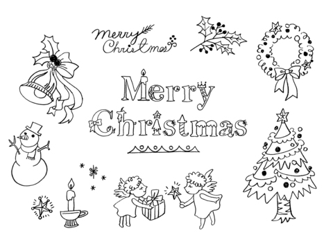 手描き_クリスマスモチーフ_01モノクロ 手描き_クリスマスモチーフ_01モノクロ 手描き,クリスマス,クラフトケイ,ツリー,リース,天使,ベル,スノーマン,線画,鉛筆画のイラスト素材