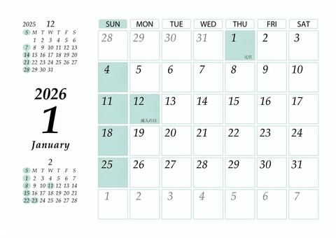 2026 1月 日曜始 カレンダー 横 カレンダー,2026年,2026,令和8,r8,1月,1,january,a4,マンスリーのイラスト素材