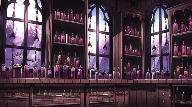 Illustration, room, vials, dubious, 