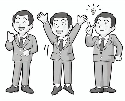 喜び笑顔ナイス　スーツ姿の男性 男性,喜ぶ,ナイス,閃く,ばんざい,立つ,全身,スーツ,３人,単色のイラスト素材