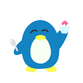 ペンギンとかき氷・イチゴ ペンギン,かき氷,イチゴ味,シロップ,スプーン,氷,氷菓,お祭り,屋台,笑顔のイラスト素材