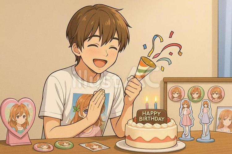 推しの誕生日！お祝いする推し活男子 推し活,男子,アニメ調のイラスト素材