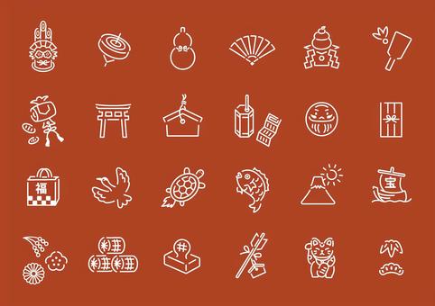 白いラインのお正月アイコンセット お正月,1月,年始,新年,元旦,縁起物,冬,門松,コマ,扇子のイラスト素材