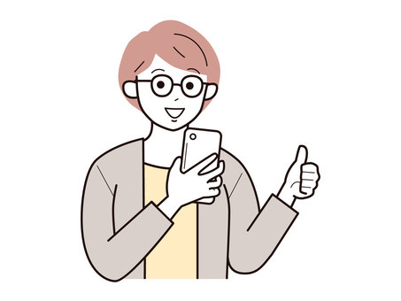 スマホとグッドサイン働く女性A／カラー 女性,上半身,長袖,スマホ,親指,サイン,お母さん,社会人,キャリアウーマン,アドバイザーのイラスト素材