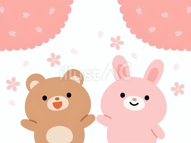 お花見するクマとウサギ お花見,花見,桜のイラスト素材