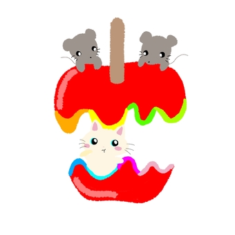 猫とネズミとリンゴ飴 猫,ネズミ,リンゴ飴,食べる,ゆるい,可愛い,イラストのイラスト素材