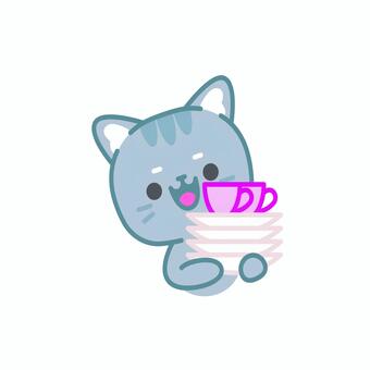 イラスト0152 猫,皿洗い,家事,可愛い,動物,ねこ好き,生活,キッチン,皿,料理のイラスト素材