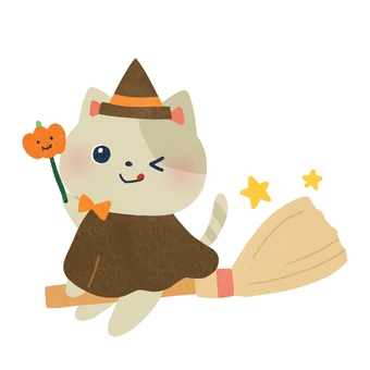 ほうきに乗った猫 ハロウィン,ほうき,猫,仮装,魔女,乗る,動物,秋,帽子,ステッキのイラスト素材