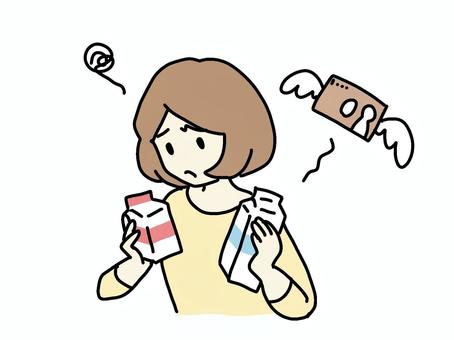 価格高騰で買い物に困る人 買い物,牛乳,困り顔,お金,女性,迷う,選択,紙幣,羽,価格高騰のイラスト素材