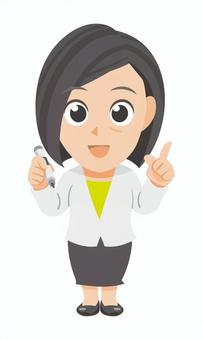 ペンを持ち指さす年配ビジネス女性のSD 先生,教師,教員,指導員,スーツ,ビジネス,会社,社会人,指さす,指さしのイラスト素材