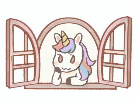 窓とユニコーンのイラスト ユニコーン,窓,窓枠,空想,洋風,馬,午,ゆめかわ,動物,生き物のイラスト素材