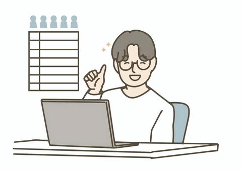 クラウドサービスでシフト表を作成した男性 男性,オフィスカジュアル,パソコン,クラウドサービス,スケジュール,勤怠,管理,シフト,効率,改革のイラスト素材