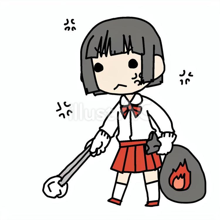 怒りながらゴミ拾いする小学生女子 小学生,ゴミ拾い,怒るのイラスト素材