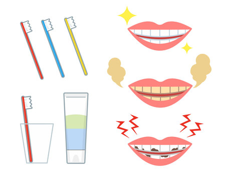 色々な歯の症状、歯ブラシ、歯磨き粉など 歯,歯磨き粉,歯ブラシ,虫歯,着色汚れ,臭い息のイラスト素材