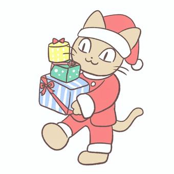 プレゼントを運ぶサンタ猫 猫,かわいい,ゆるい,手書き,顔,表情,サンタクロース,クリスマス,イベント,季節のイラスト素材