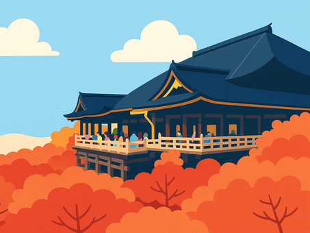 京都の秋 紅葉に浮かぶ清水寺の舞台 京都の秋 紅葉に浮かぶ清水寺の舞台 清水寺,京都,舞台,紅葉,秋,寺,寺院,観光地,観光,日本のイラスト素材