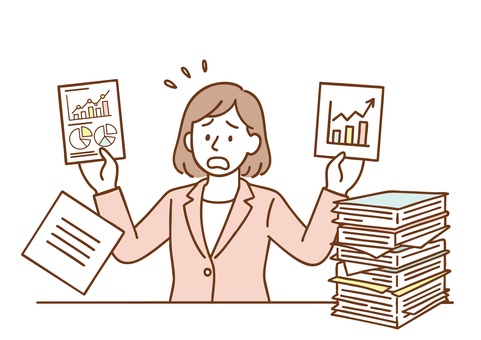 仕事に追われて困惑する女性ビジネスマン 女性,働く,人物,ビジネス,会社員,仕事,ビジネスマン,パステルカラー,忙しい,ストレスのイラスト素材