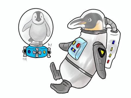 ペンギンの宇宙旅行 ペンギン,動物,コウテイペンギン,宇宙,宇宙服,ヘルメット,赤ちゃん,親子,全身,手書きのイラスト素材