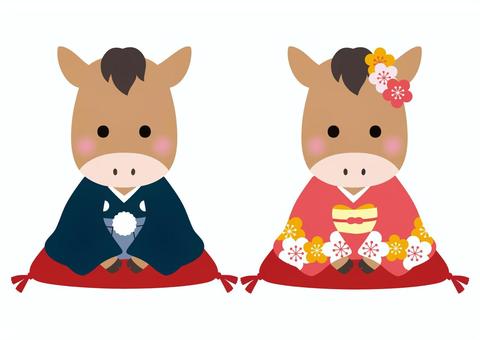 袴と着物の午年（うま）イラスト 午,馬,うま,年賀状,十二支,正月,ウマ,干支,挨拶,新年の挨拶のイラスト素材