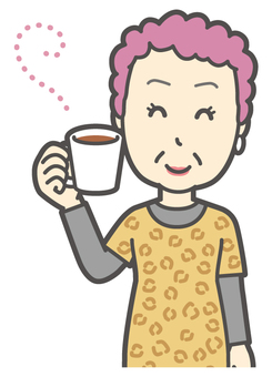  大阪のおばちゃん-013-バスト コーヒー,おばちゃん,大阪,ヒョウ柄,おばはん,中年,女性,関西,派手,おばさんのイラスト素材