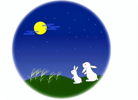 秋のお月見カット2 お月見,満月,うさぎ,親子,十五夜,仲秋の名月,カット,挿絵,和風,かわいいのイラスト素材