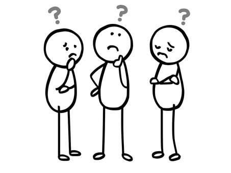 モノクロ棒人間　原因を考える人たち 棒人間,人,3人,はてな,クエスチョンマーク,疑問,謎,考える,悩む,クイズのイラスト素材