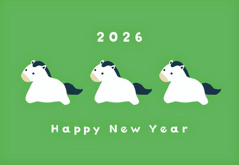 緑の背景と白い馬のシンプル年賀状 年賀状,お正月,2026年,干支,午年,ハガキ,テンプレート,和柄,和風,年賀はがきのイラスト素材