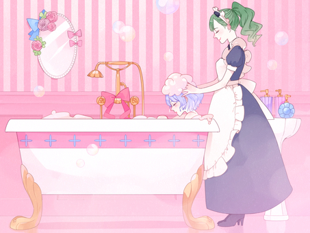 お嬢様とメイドさん 人物,女性,女の子,メイド,クラシカル,ロングスカート,エプロン,風呂,バスルーム,猫足バスタブのイラスト素材