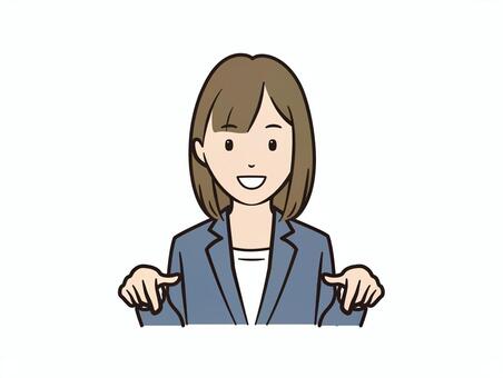 両手で下を指さす笑顔の女性イラスト ビジネス,女性,ol,指差し,下,こちら,これ,下へ,案内,笑顔のイラスト素材