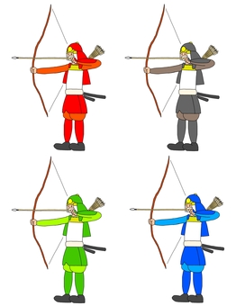 弓兵武者の4色セット 鎧武者,武士,侍,武将,戦士,兵士,戦,和風,日本文化,ポーズのイラスト素材