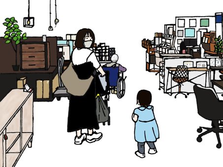 車いすの祖母の後ろを子どもと一緒に歩く おばあちゃん,孫,ひ孫,インテリアショップ,車いす,女性,子ども,マスク,半袖,照明のイラスト素材