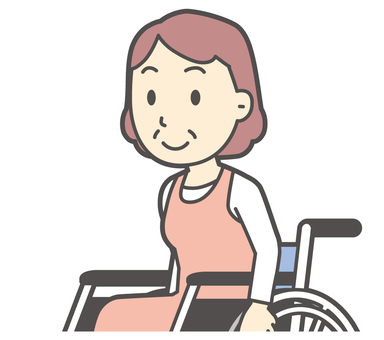  車椅子で笑顔で移動している中年の女性 車椅子,おばさん,人,女性,中年,おばちゃん,シニア,ママ,主婦,ヘルパーのイラスト素材
