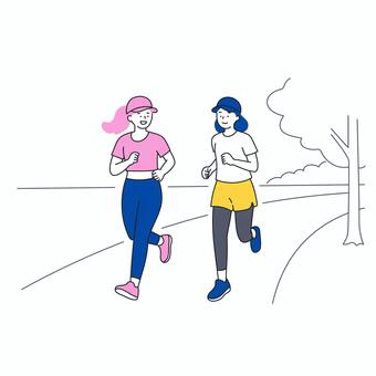 屋外を走る二人の女性全身イラスト素材 人物,女性,ランニング,走る,運動,スポーツ,健康,社会人,全身,白背景のイラスト素材