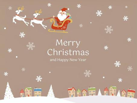 雪景色とソリで飛ぶかわいいサンタ　モダン サンタ,サンタクロース,ソリ,トナカイ,空,飛ぶ,クリスマス,メリークリスマス,雪,雪の結晶のイラスト素材